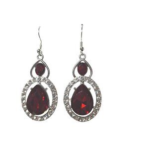 Silver Tone Red Teardrop Gem Rhinestone Earrings Costume Jewelry